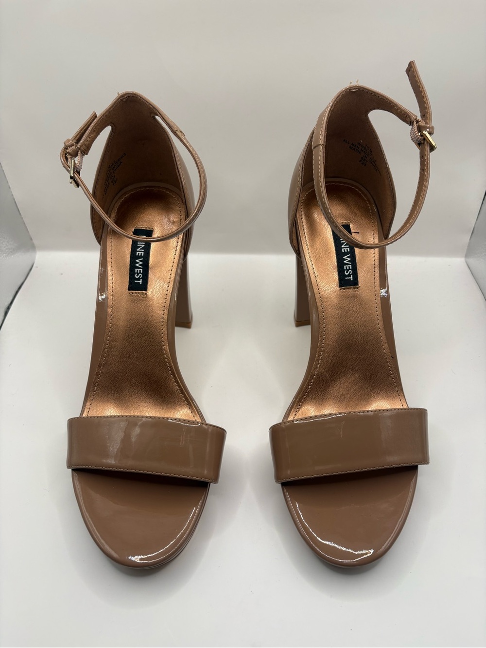 Nine West Nude Patent Block Heel Sandals with Ankle Strap